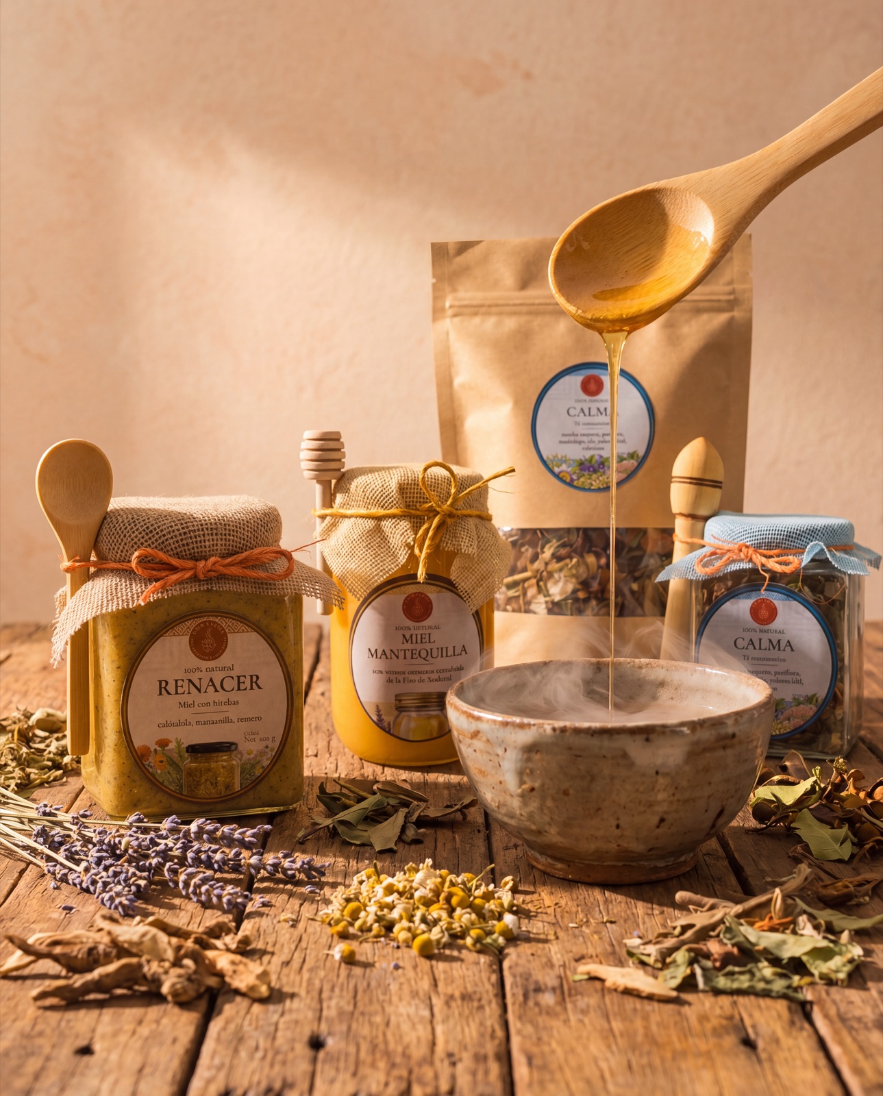 Productos YOLTLALI: té Calma, miel con hierbas Renacer y miel mantequilla, elaborados a mano